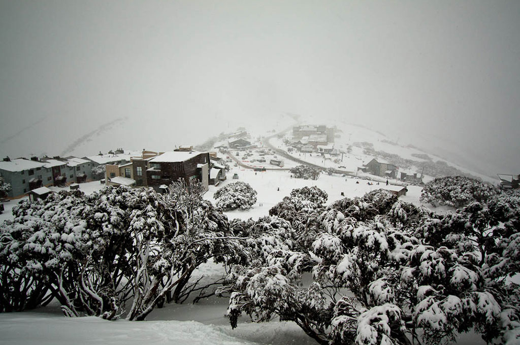 Snow covered mountain ski village in Mount Hotham, Australia